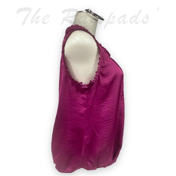 Ann Taylor Loft Pink Fuchsia Scrunched, Ruffled Blouse Size Petite Large - Picture 2 of 7